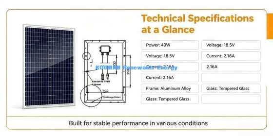 40W मोनोक्रिस्टलाइन सौर पैनल नाव समुद्री शक्ति, यार्ड लैंप और निगरानी कैम के लिए