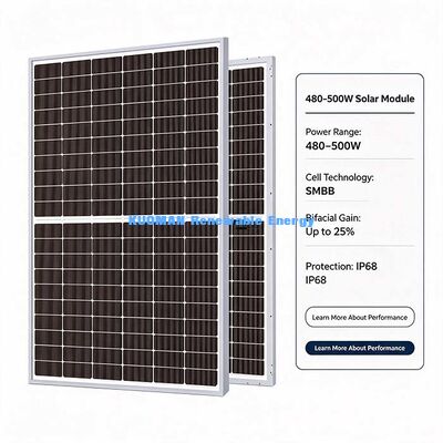 480W-500W दो तरफा सौर पैनल, 25% तक पीछे की ओर अतिरिक्त शक्ति लाभ